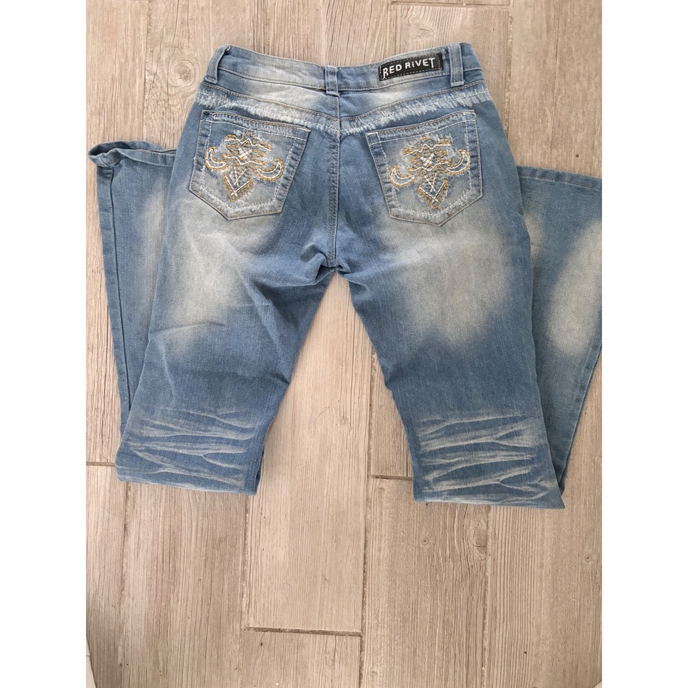 Red Rivet Distressed Jeans Bootcut Low Rise Denim Pants Size 1